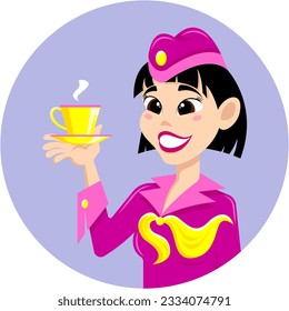 Smiling Asian stewardess in burgundy uniform with a cup in her hand offers a drink