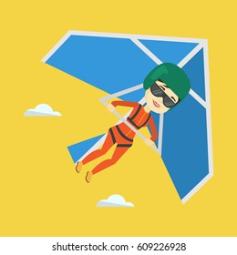 Smiling Asian Woman Flying On Hang-glider. Sportswoman Taking Part In Hang Gliding Competitions. Woman Having Fun While Gliding On Delta-plane In Sky. Vector Flat Design Illustration. Square Layout.