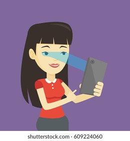Smiling asian woman using smart mobile phone with retina scanner. Young happy woman using iris scanner to unlock her mobile phone. Vector flat design illustration. Square layout.