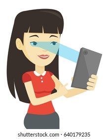 Smiling asian woman using smart mobile phone with retina scanner. Young happy woman using iris scanner to unlock her mobile phone. Vector flat design illustration isolated on white background.