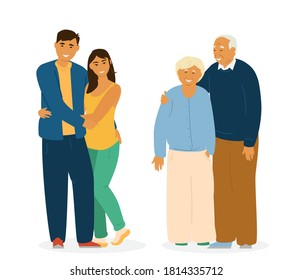 Paradas De Jóvenes Y Parejas Mayores Asiáticas Sonrientes, Abrazando. Caracteres asiáticos aislados en blanco.  Ilustración de vectores planos. 