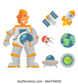 Smiling astronaut holding helmet near space objects set