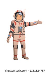 Smiling astronaut in space suit pointing out. Colorful flat vector illustration. Isolated on white background.