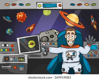 Smiling astronaut in spaceship interior with planets rockets and ufo on background vector illustration