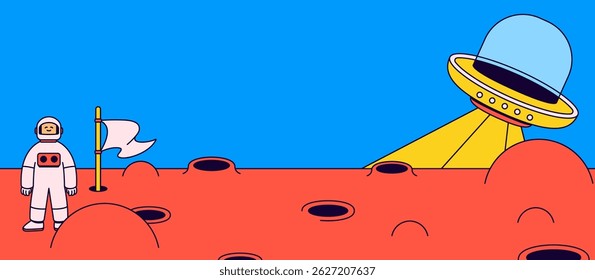 Smiling astronaut standing on a red cratered planet with a white flag planted beside them. In the distance, a UFO with a glowing beam cartoon vector illustration hand drawn