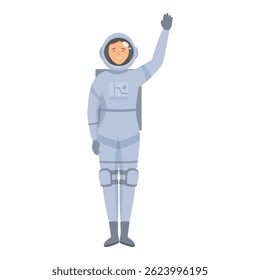 Smiling astronaut wearing spacesuit waving hand standing upright full length isolated