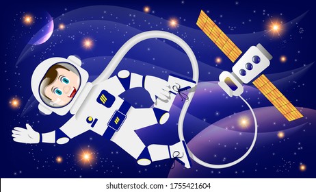 a smiling astronaut went out into outer space from an aircraft and waves his hand amiably against the backdrop of the universe, stars, light flashes and glows. futuristic flat wallpaper. vector