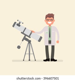 Smiling astronomer near the telescope. Vector illustration