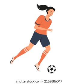 Smiling athletic happy beautiful girl soccer player kicking the ball. Woman playing football. Colorful art female character isolated on white background. Vector illustration.