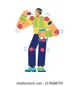 Smiling athletic man eating sport supplement pills flat style, vector illustration isolated on white background. Red targets on joints, healthy lifestyle