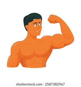 A smiling, athletic, and strong guy is flexing his left arm bicep. The man is depicted from the waist up, without an upper garment. His body is well-toned