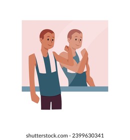 Smiling athletic young man with towel on neck standing near mirror flat style, vector illustration isolated on white background. Decorative design element, motivation, muscles