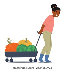 Smiling attractive girl farmer cartoon character carrying wheelbarrow with pumpkin and watermelon seasonal harvest isolated on white background. Homegrown products crop gathering vector illustration