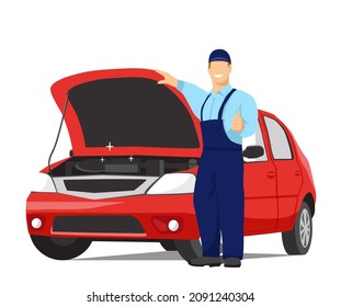 El mecánico automovilístico sonriente se para al lado del auto con el capó abierto. Reparador muestra el dedo arriba. Servicio de coches. Ilustración vectorial en estilo plano sobre fondo blanco.