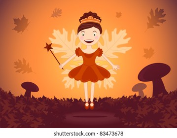Smiling Autumn Fairy in Woods.