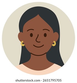 Avatar sorridente de jovem negra com cabelo comprido e brincos. Estilo plano, isolado em fundo pastel. 