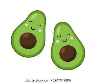 Smiling avocado in cartoon style. Two cute avocados. Green fruits vector. Isolated on white background
