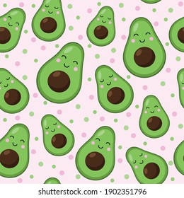 Smiling avocado seamless pattern. Vector doodle cute fruit
