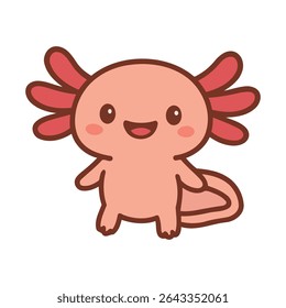 Smiling axolotl cartoon in kawaii style with friendly pose and waving gesture. Perfect for mascot designs, kids products, and cute vector collections.