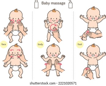 Smiling baby being massaged stock illustration set