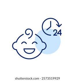 Smiling baby boy and 24 hours clock symbol. Constant infant care and support. Pixel perfect, editable stroke icon