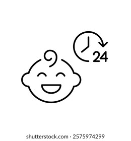 Smiling baby boy and 24 hours clock symbol. Constant infant care and support. Pixel perfect vector icon