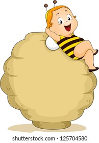 Smiling Baby Boy in Bee Costume Lying on a Beehive Blank Board