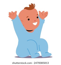 Smiling Baby Boy In A Blue Onesie, Joyfully Raising Its Hands. Cartoon Infant With Cheerful Expression And Playful Posture. Vector Image For Articles, And Educational Materials About Early Childhood