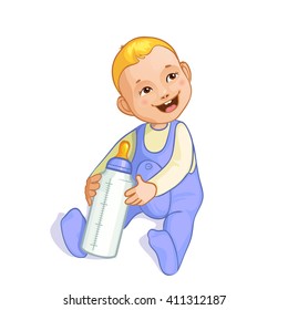 Smiling baby boy with bottle, vector image, eps10