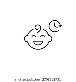 Bebê sorridente e relógio. Rotina de crianças para dormir. Cuidados no tempo e paternidade. Pixel perfeito, ícone de vetor de traçado editável