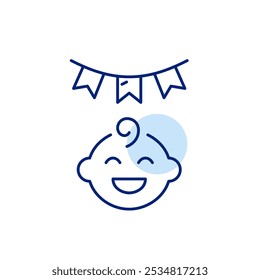 Smiling baby boy and garland of flags. Children birthday celebration. Pixel perfect vector icon