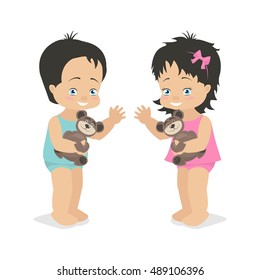 Smiling baby boy and girl twins. Happy smiling children. Colorful vector illustration on a white background