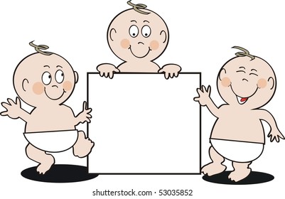 Smiling baby cartoon with blank display square.