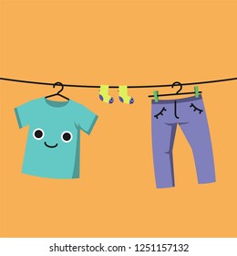 Smiling Baby clothes on clothes line, Habituate kid card.
