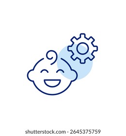 Smiling baby and cogwheel. Parental controls, child safety settings, baby monitoring configuration, age-restricted access, kid-friendly system setup. Pixel perfect, editable stroke vector icon