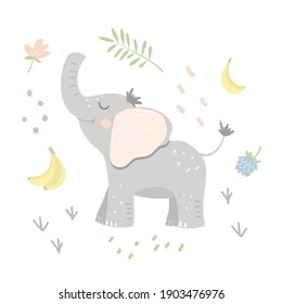 Smiling baby elephant with jungle objects. Flat vector illustration 