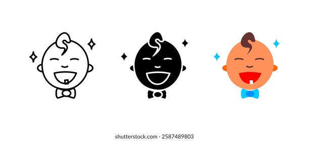 Smiling baby face icon. Happy infant and joyful sign. Cute toddler symbol. Laughing child pictogram. Adorable expression kid illustration. Cheerful emotion concept.