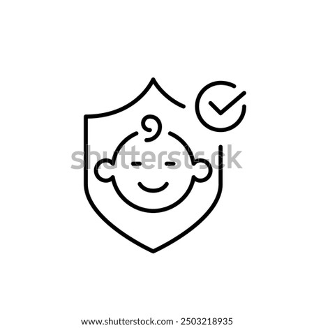 Smiling baby face, shield and checkmark. Childproof environment, approved products safe for infants. Pixel perfect vector icon