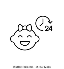 Smiling baby girl and 24 hours clock symbol. Constant infant care and support. Pixel perfect vector icon