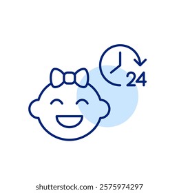 Smiling baby girl and 24 hours clock symbol. Constant infant care and support. Pixel perfect, editable stroke icon