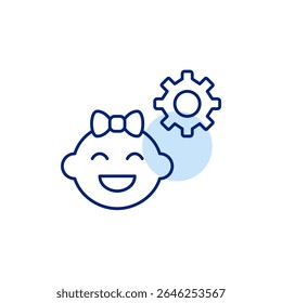 Smiling baby girl and cogwheel. Parental controls, child safety settings, baby monitoring configuration, age-restricted access, kid-friendly system setup. Pixel perfect, editable stroke vector icon