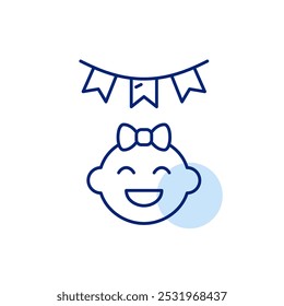 Smiling baby girl and garland of flags. Children birthday celebration. Pixel perfect vector icon