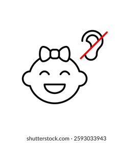 Smiling baby girl and no ear symbol. Silent nursery mode, hearing-impaired baby care, no sound alerts. Pixel perfect, editable stroke vector icon