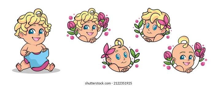 Smiling baby head  in flowers for a round logo and a happy sitting kid holding a shirt in his hands