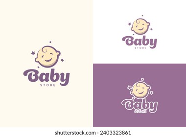 smiling baby head logo, baby care, baby shop design vector illustration