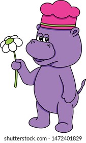 Smiling baby Hippo in a chef's hat and with a Daisy in his hands. 