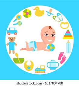Smiling baby infant in diaper playing with color ball, frame made of accessories for kids fun and care vector illustration poster with circle border