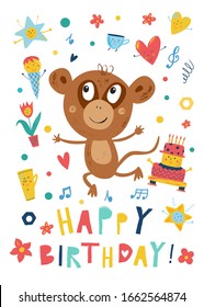 Smiling baby monkey in cartoon flat style. Birthday invitation. Kids party. Hand drawn vector animal, cake, cup, flowers, hearts. Kids illustration. Character for boys. Baby shower invite.