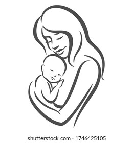 Smiling baby in mother's arms. Vector illustration.