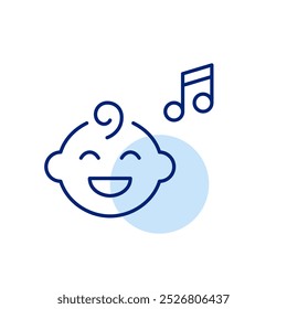 Smiling baby and musical note. Children songs, calming and developmental effects of music on infants. Pixel perfect vector icon